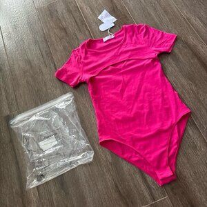 New Mangopop cut out sexy slim fit bodysuit short sleeve top rose pink XS